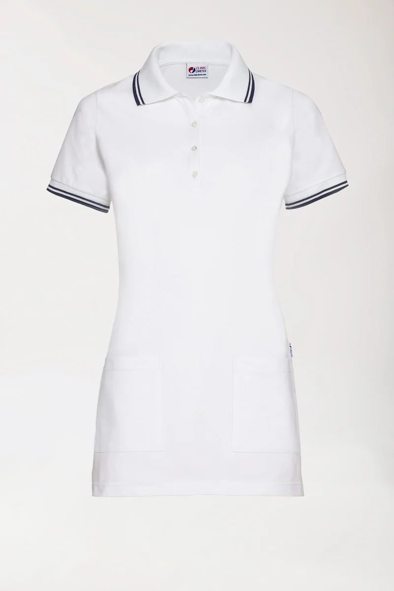 Piqué Longshirt Damen - Polokragen weiß/navy