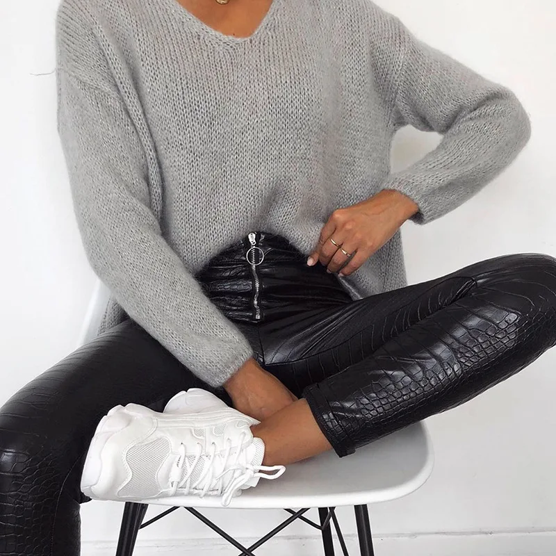 Sexy Damen Leggings Push Up Leggins Hose glänzendes PU Lederhose Reißverschluss