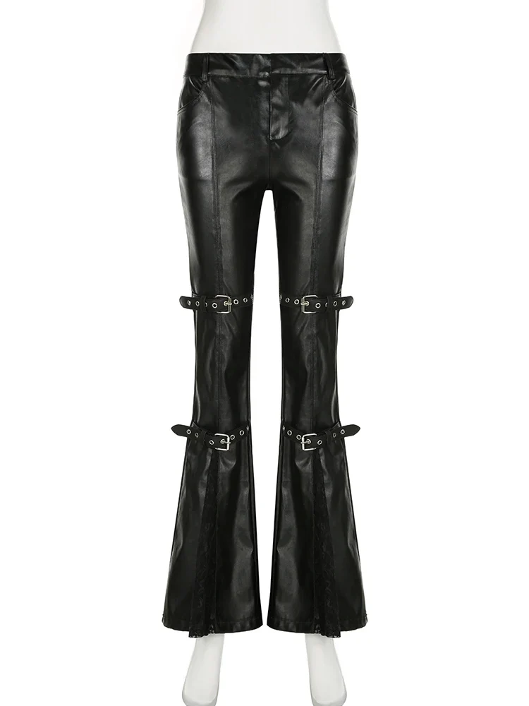Sexy Damen Leggings Push Up Leggins Gothic Punk Hose PU Lederhose Reißverschluss