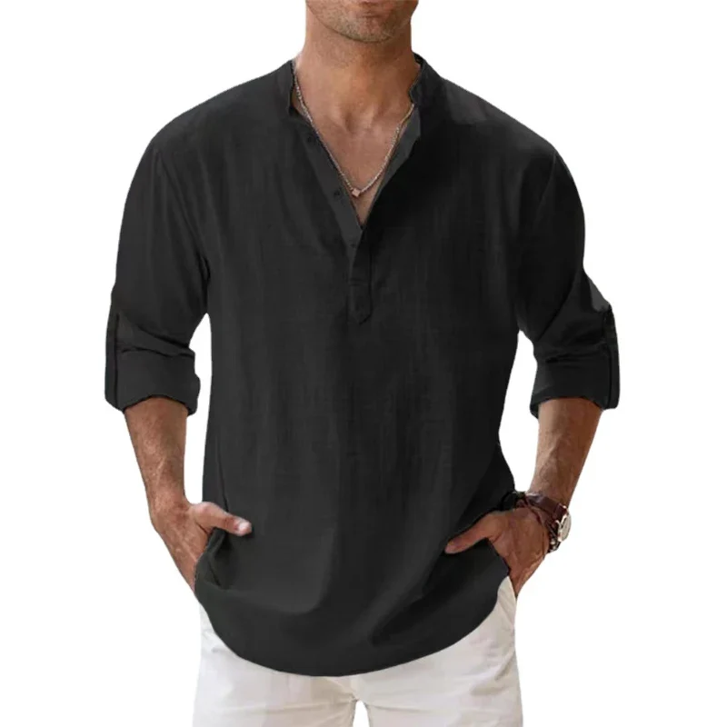 Herren Poloshirt Leinenhemd Langarm T-Shirt Leinen Hemd Polohemd Freizeithemd