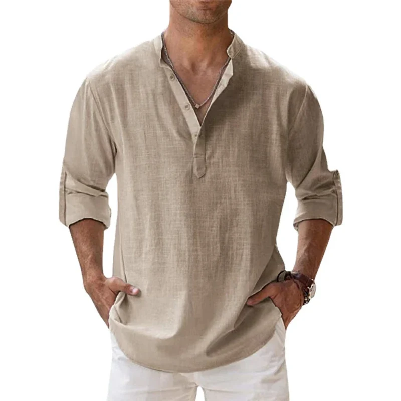 Herren Poloshirt Leinenhemd Langarm T-Shirt Leinen Hemd Polohemd Freizeithemd