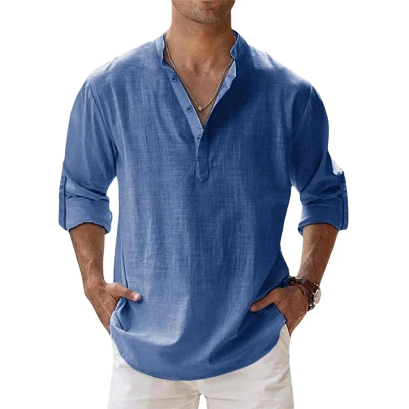 Herren Poloshirt Leinenhemd Langarm T-Shirt Leinen Hemd Polohemd Freizeithemd