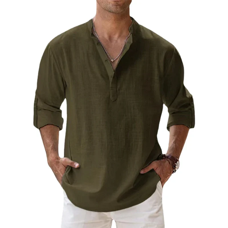 Herren Poloshirt Leinenhemd Langarm T-Shirt Leinen Hemd Polohemd Freizeithemd