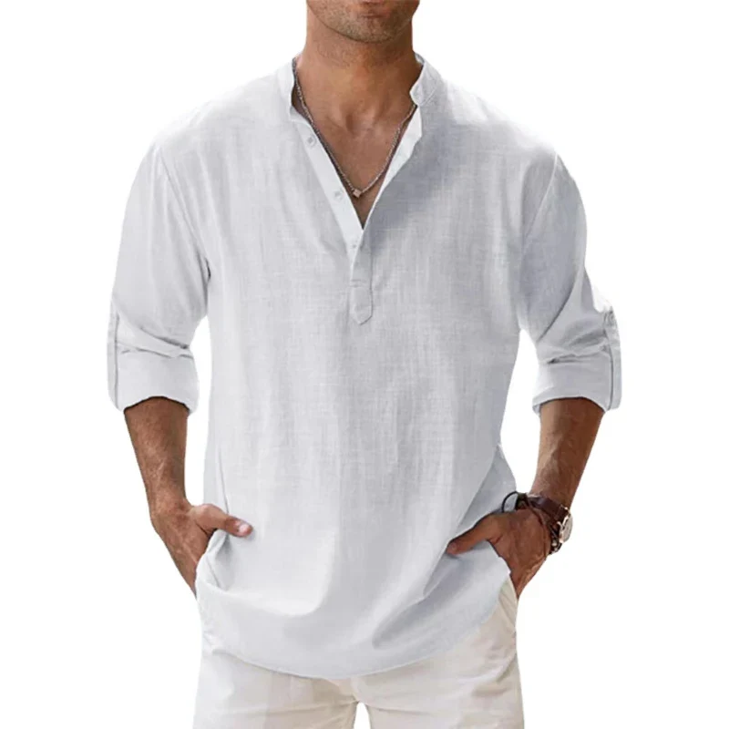 Herren Poloshirt Leinenhemd Langarm T-Shirt Leinen Hemd Polohemd Freizeithemd