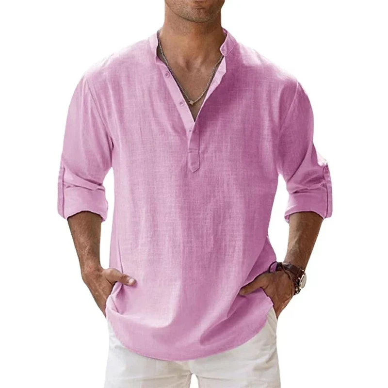 Herren Poloshirt Leinenhemd Langarm T-Shirt Leinen Hemd Polohemd Freizeithemd