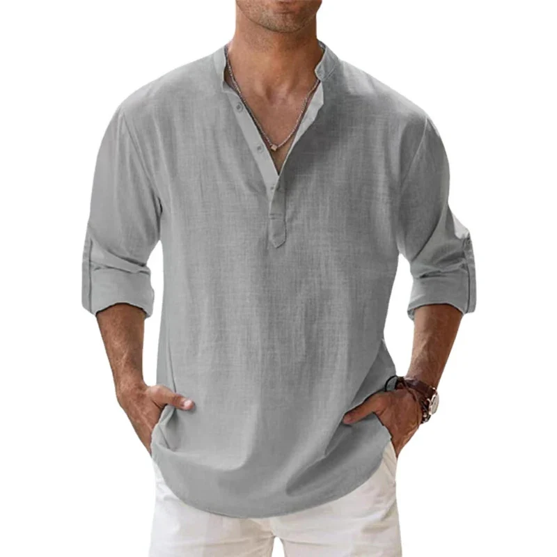 Herren Poloshirt Leinenhemd Langarm T-Shirt Leinen Hemd Polohemd Freizeithemd