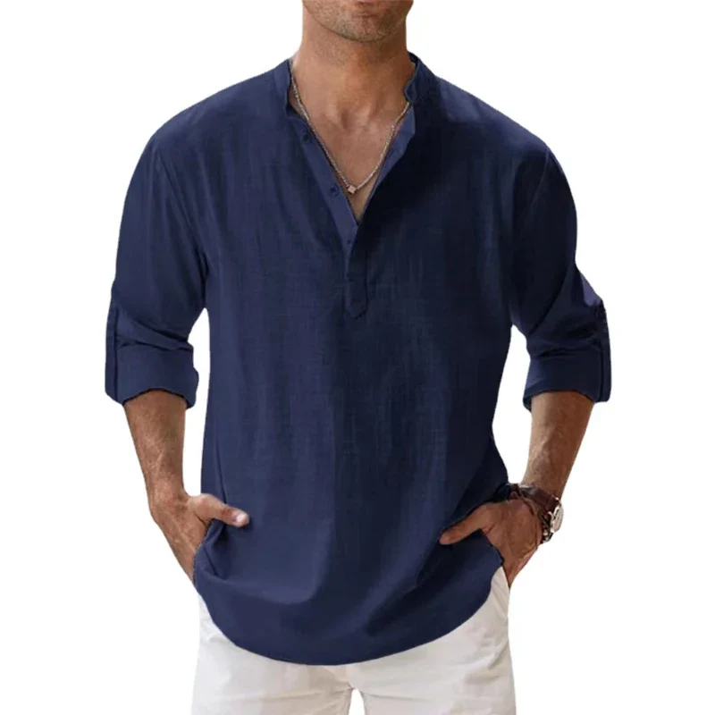Herren Poloshirt Leinenhemd Langarm T-Shirt Leinen Hemd Polohemd Freizeithemd