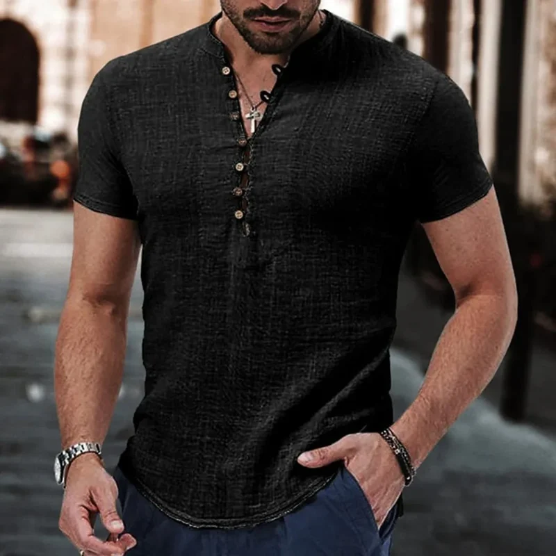 Herren Poloshirt Leinenhemd Langarm T-Shirt Leinen Hemd Polohemd Freizeithemd