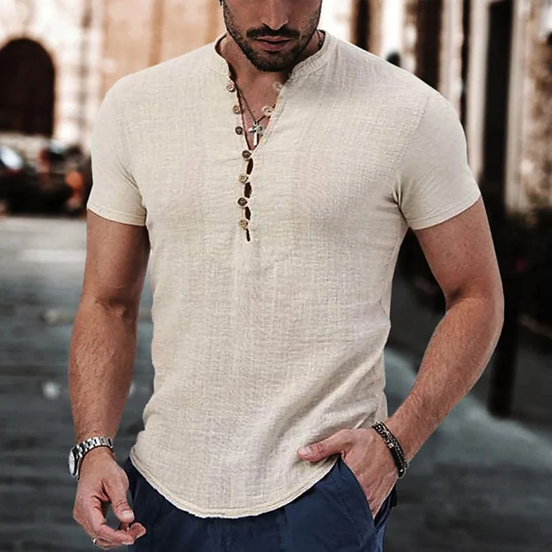 Herren Poloshirt Leinenhemd Langarm T-Shirt Leinen Hemd Polohemd Freizeithemd