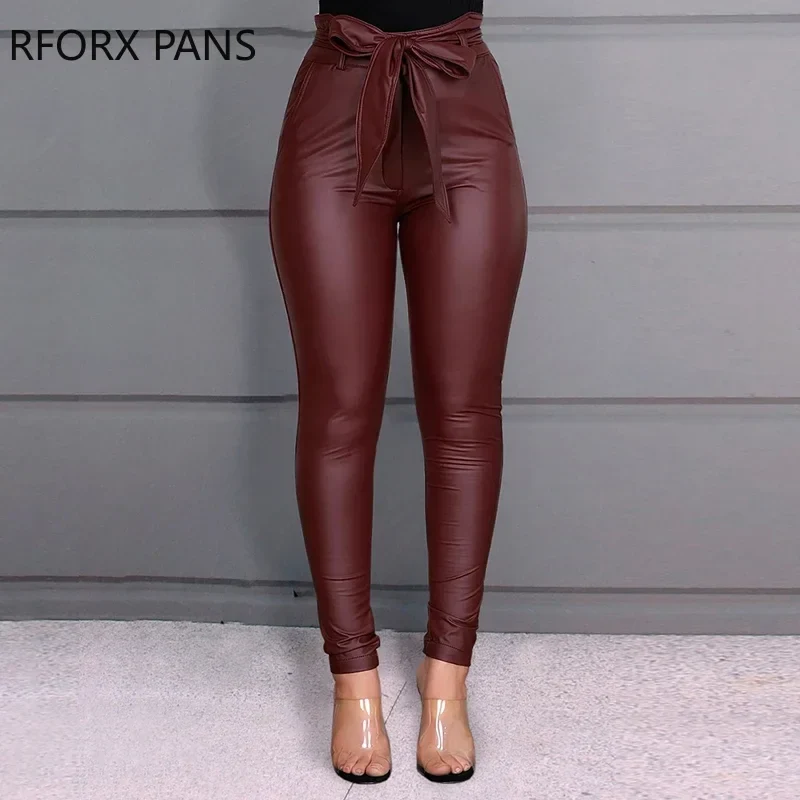 Damen Fashion Leggings Push Up Leggins Hose PU Lederhose mit Kordelzug Sexy