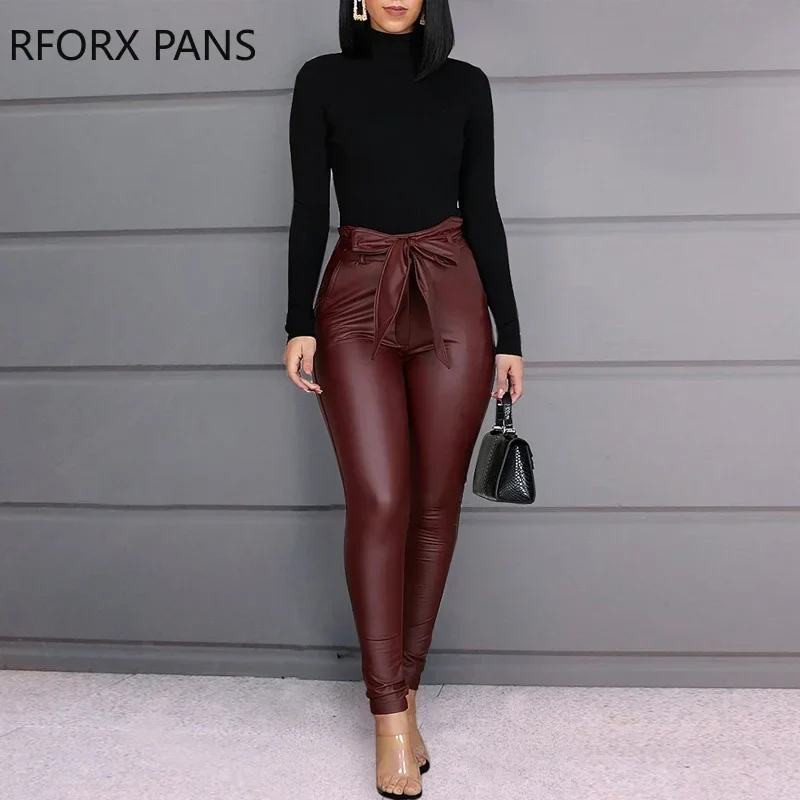 Damen Fashion Leggings Push Up Leggins Hose PU Lederhose mit Kordelzug Sexy