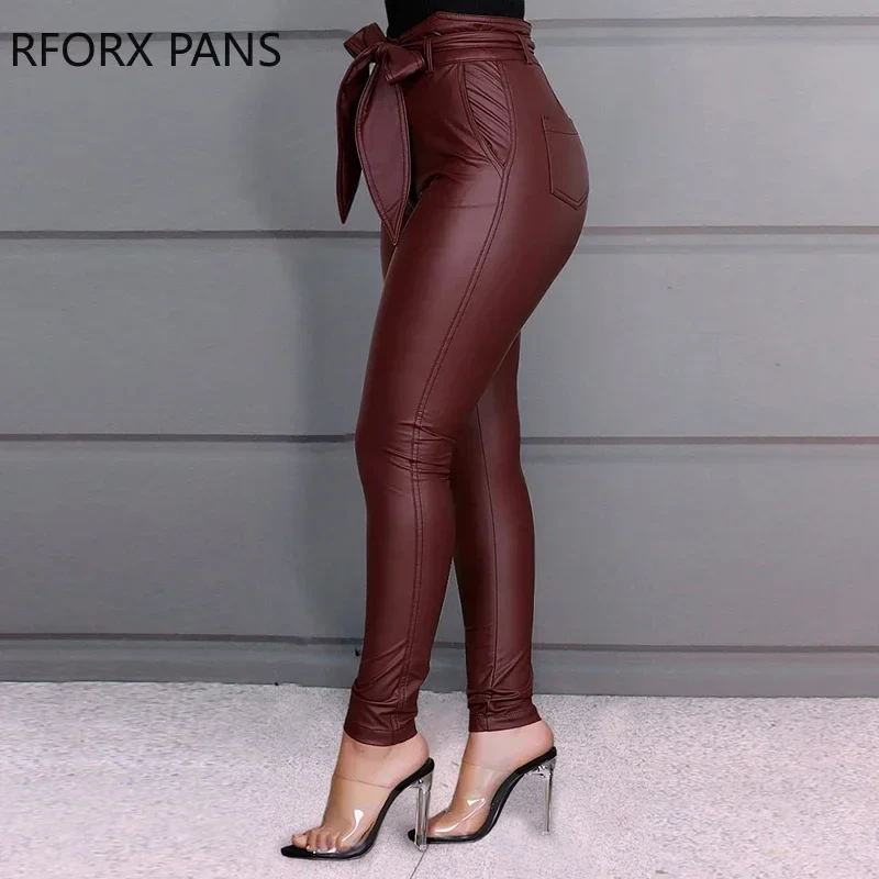 Damen Fashion Leggings Push Up Leggins Hose PU Lederhose mit Kordelzug Sexy
