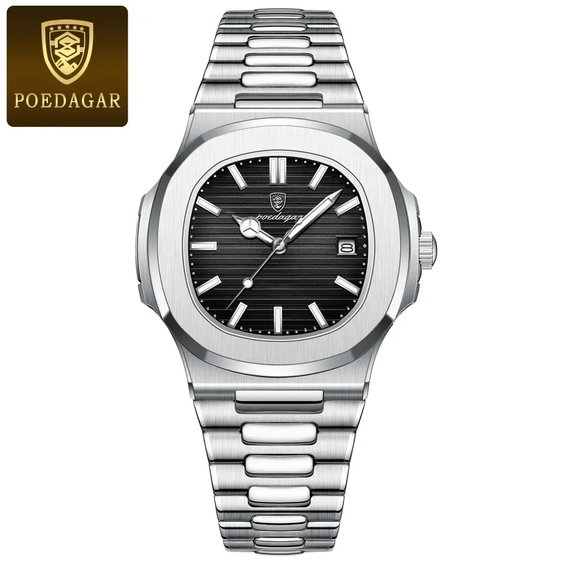 Herren Armbanduhr Silber Schwarz Edelstahl Quarzuhr Luxus Chronograph Business