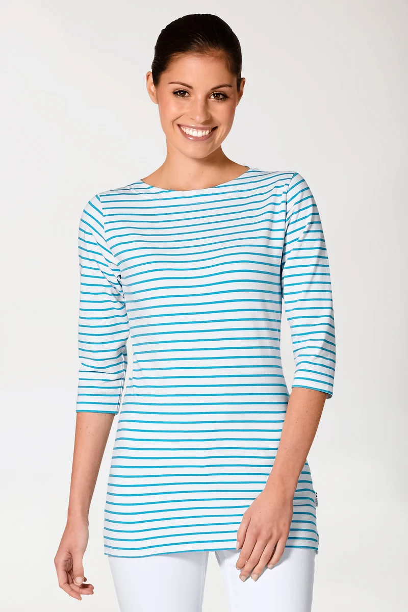 Longshirt Damen - 3/4 Arm türkis/weiß
