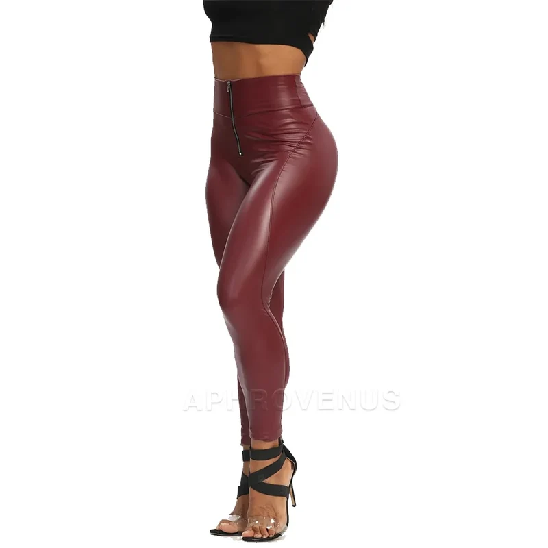 Sexy Damen Leggings Push Up Leggins Hose glänzendes PU Lederhose Reißverschluss