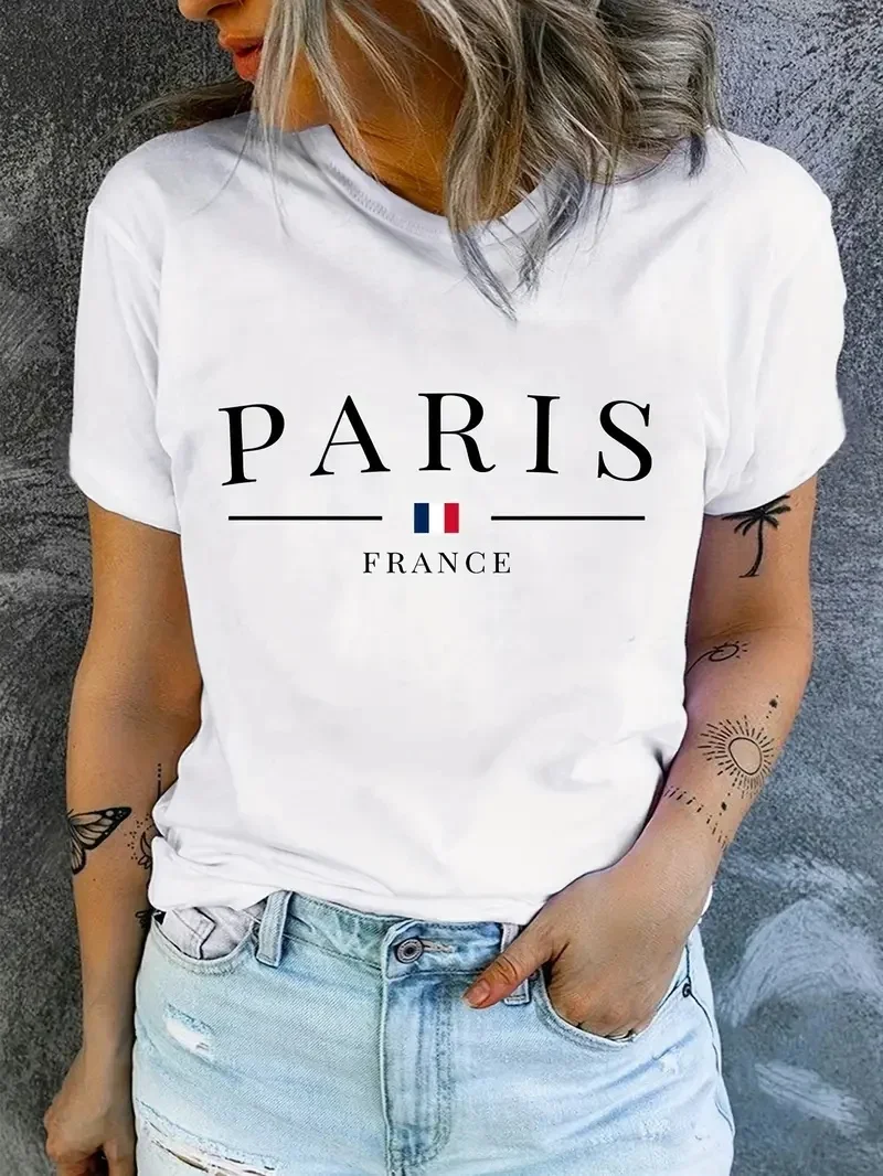 Damen Sommer Top Paris T-Shirt Rundhals Streetwear lockeres Damentop Bluse