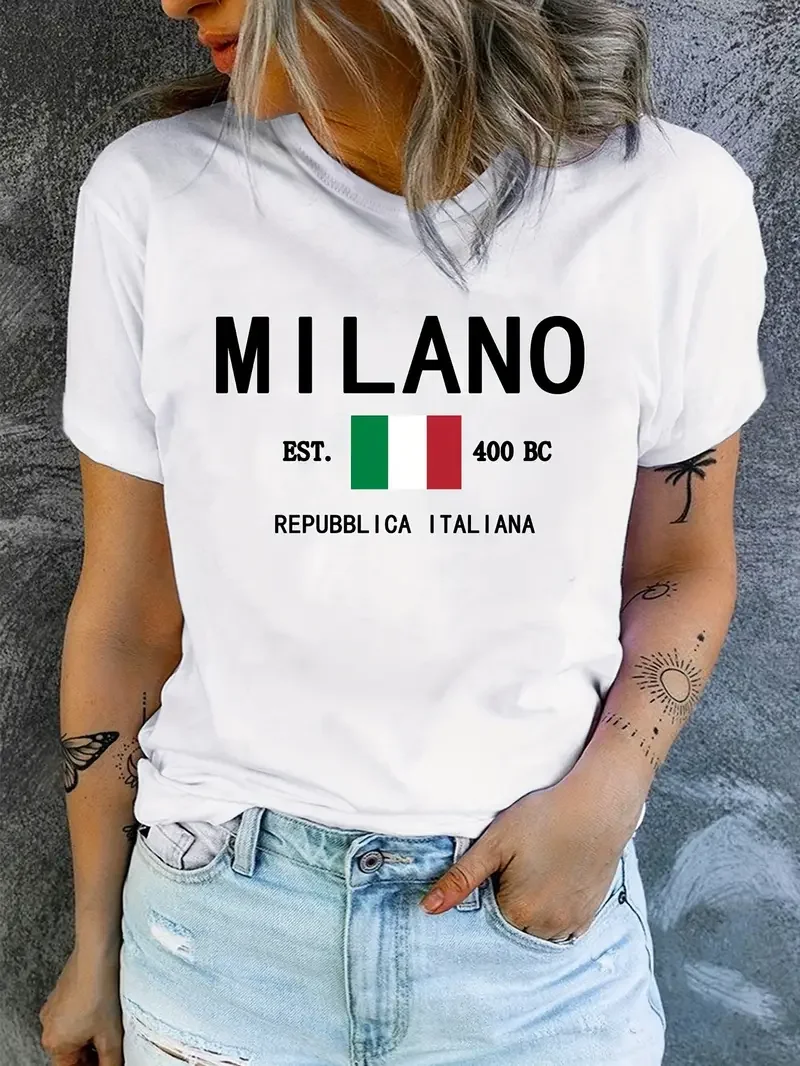 Damen Sommer Top Milano T-Shirt Rundhals Streetwear lockeres Damentop Bluse