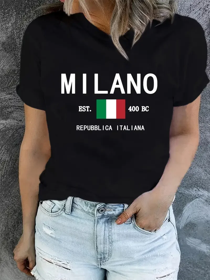 Damen Sommer Top Milano T-Shirt Rundhals Streetwear lockeres Damentop Bluse