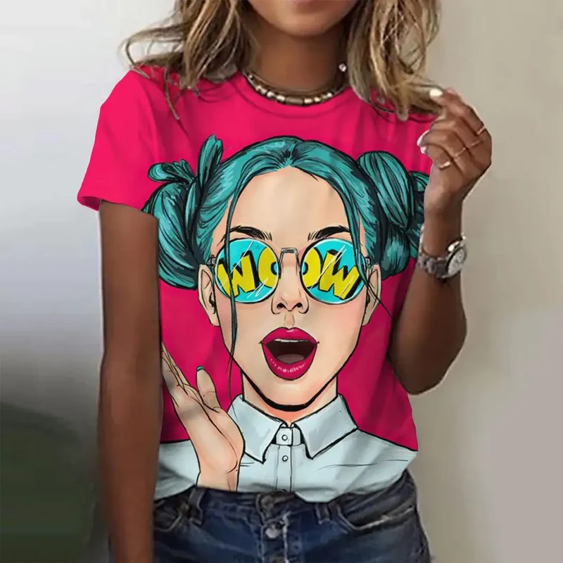 Damen Sommer Top 3D Cartoon T-Shirt Rundhals Streetwear lockeres Damentop Bluse