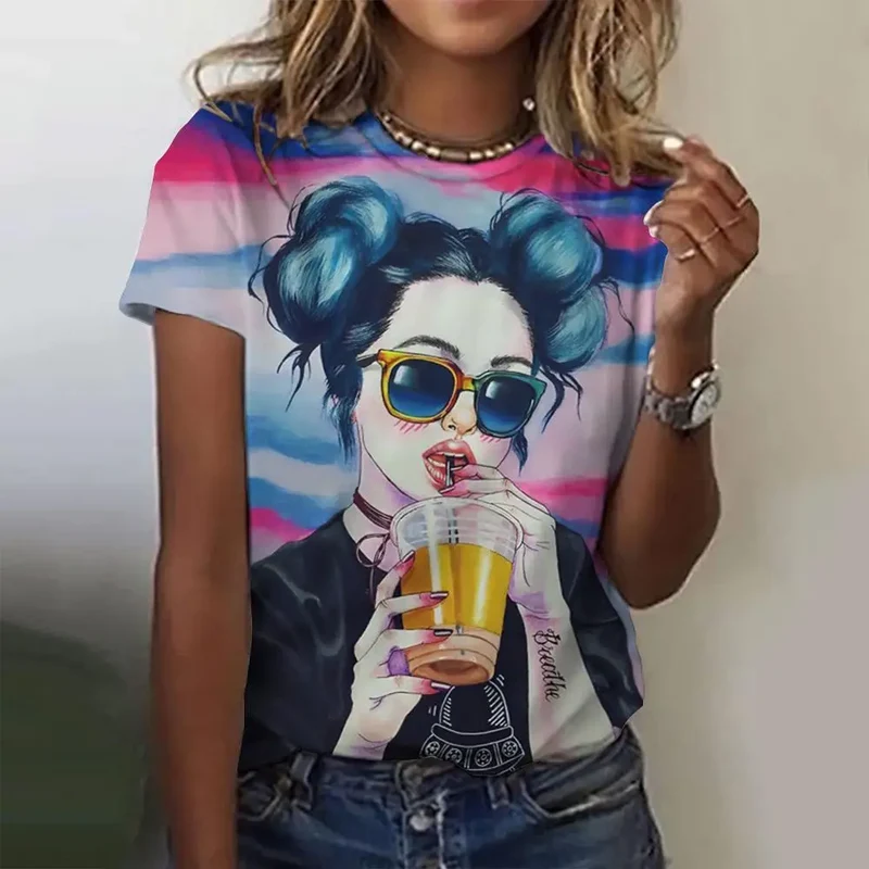 Damen Sommer Top 3D Cartoon T-Shirt Rundhals Streetwear lockeres Damentop Bluse
