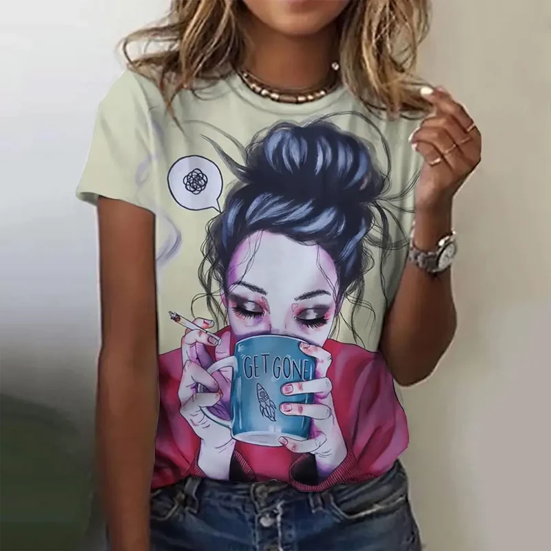 Damen Sommer Top 3D Cartoon T-Shirt Rundhals Streetwear lockeres Damentop Bluse