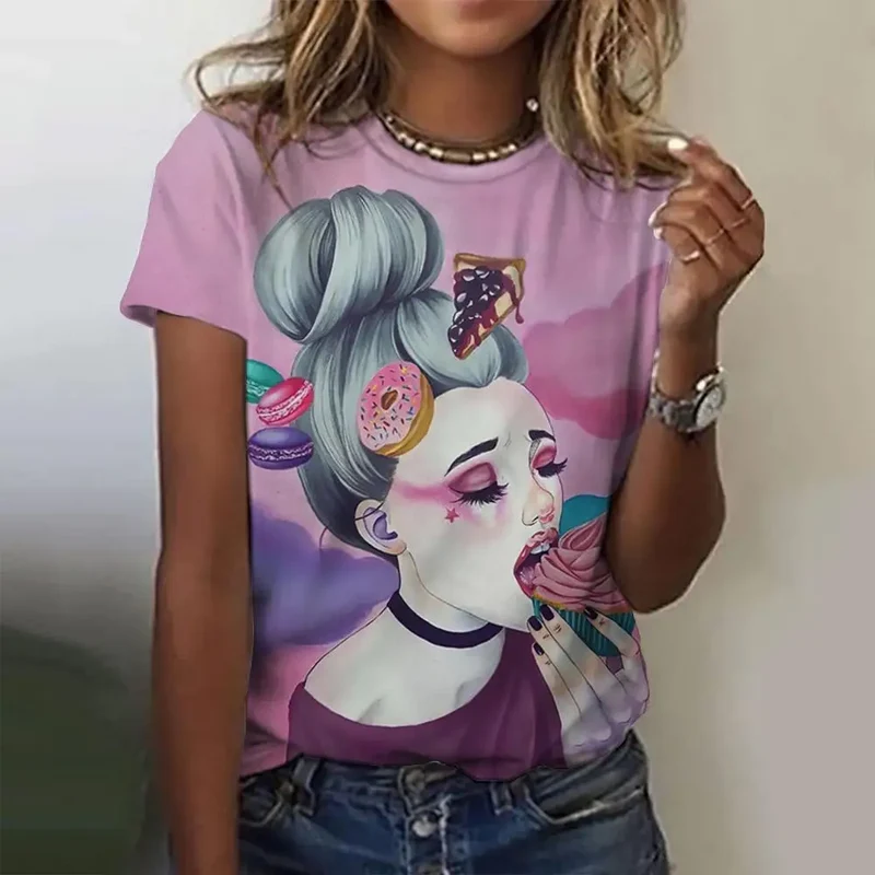 Damen Sommer Top 3D Cartoon T-Shirt Rundhals Streetwear lockeres Damentop Bluse