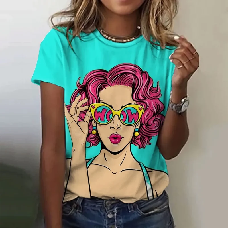 Damen Sommer Top 3D Cartoon T-Shirt Rundhals Streetwear lockeres Damentop Bluse