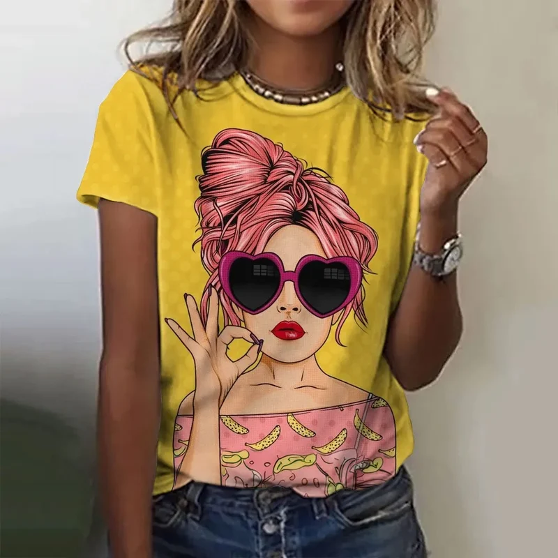 Damen Sommer Top 3D Cartoon T-Shirt Rundhals Streetwear lockeres Damentop Bluse