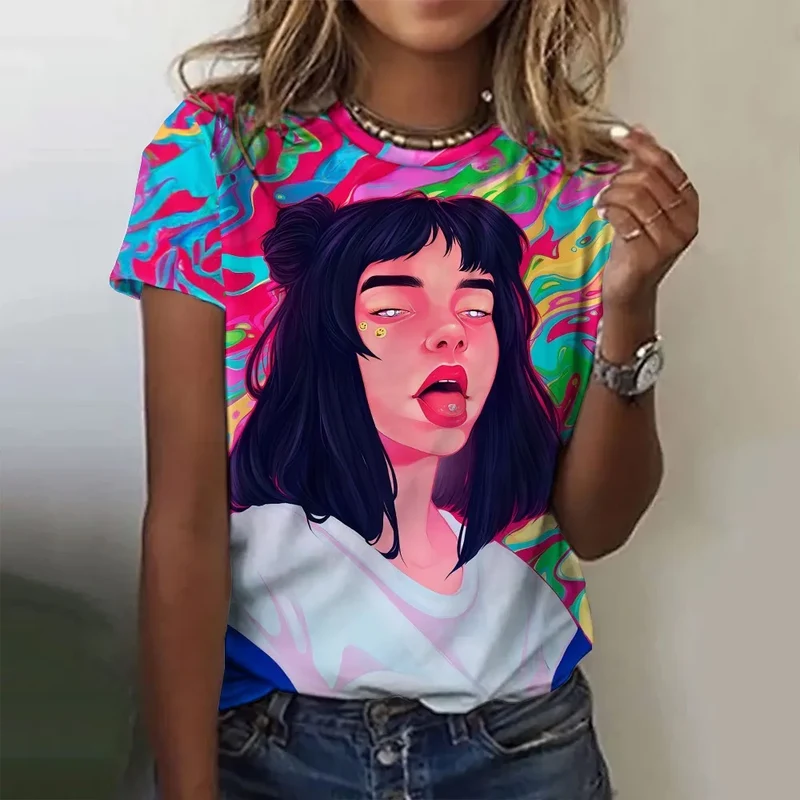 Damen Sommer Top 3D Cartoon T-Shirt Rundhals Streetwear lockeres Damentop Bluse