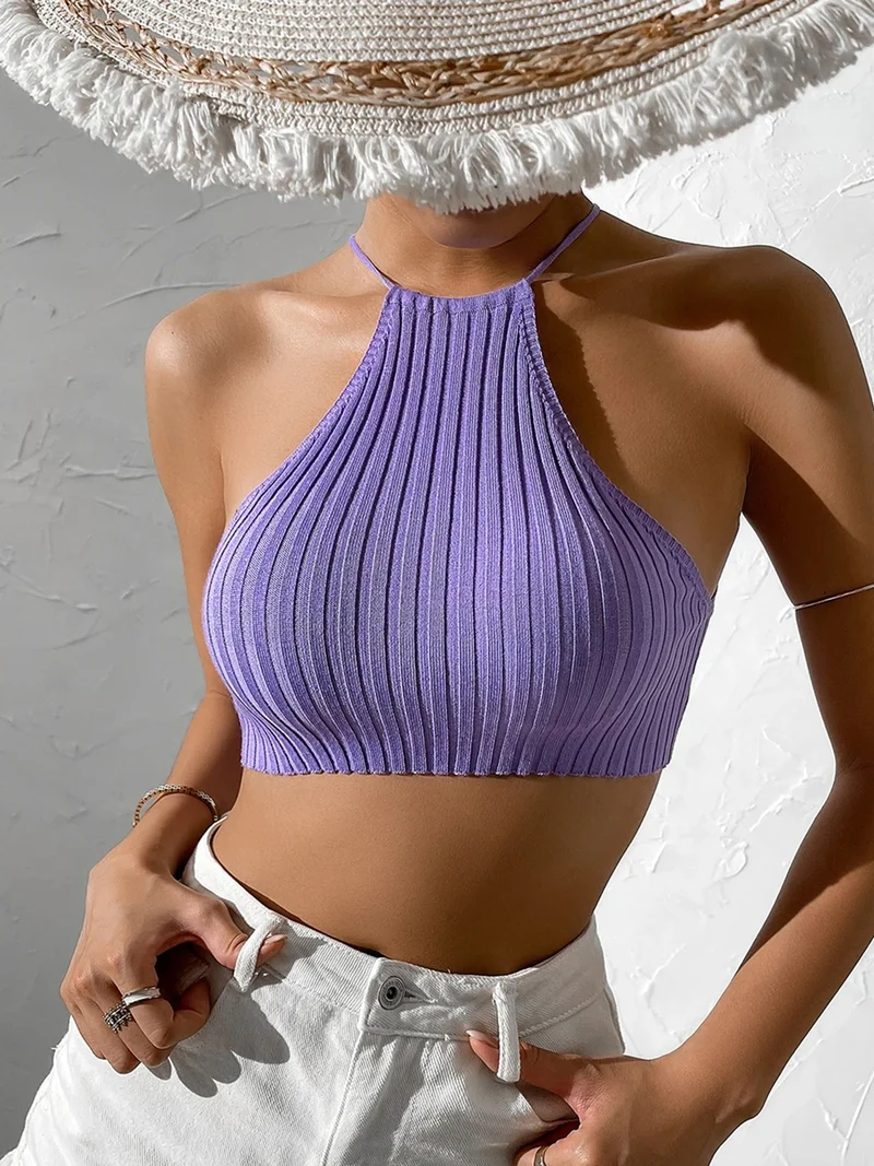 Gestrickte ärmellose Neckholder-Top Damen Tank Top Shirt Trägertop Oberteil