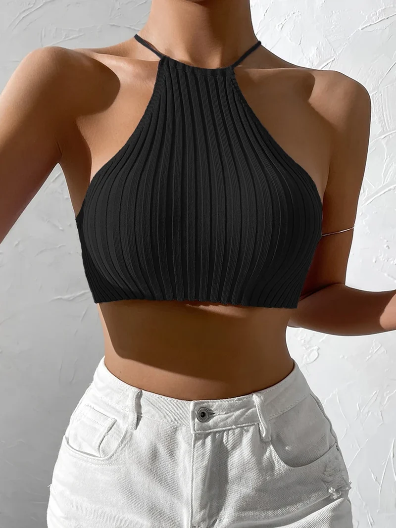 Gestrickte ärmellose Neckholder-Top Damen Tank Top Shirt Trägertop Oberteil
