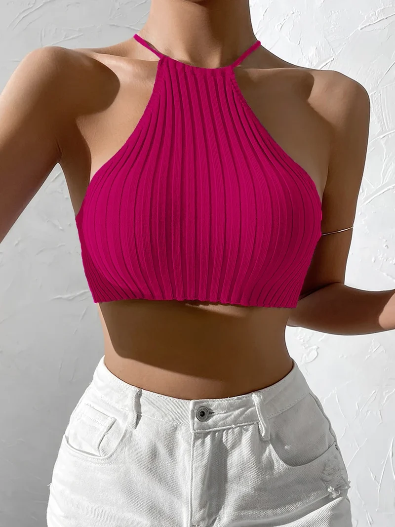 Gestrickte ärmellose Neckholder-Top Damen Tank Top Shirt Trägertop Oberteil
