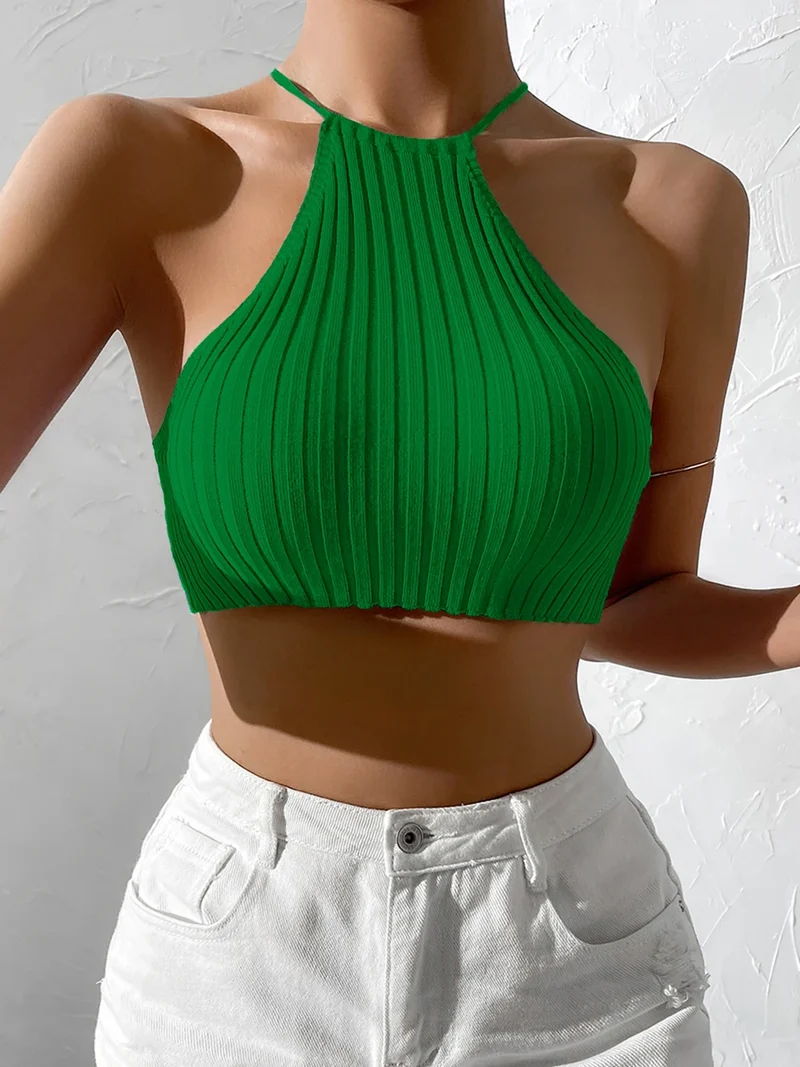 Gestrickte ärmellose Neckholder-Top Damen Tank Top Shirt Trägertop Oberteil