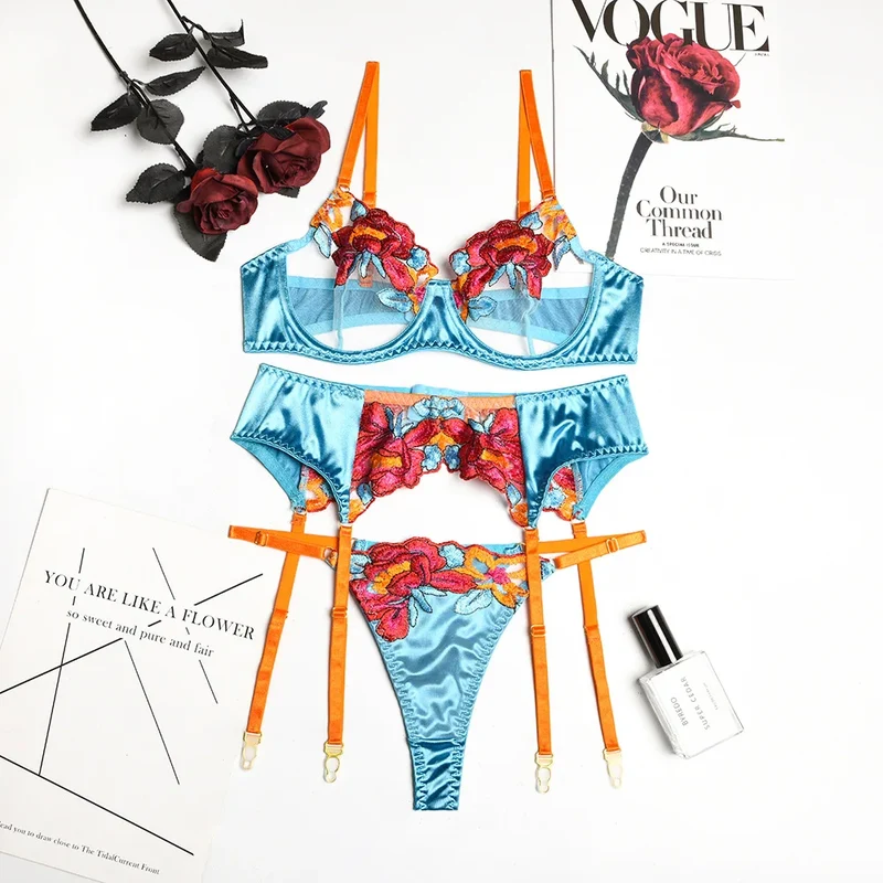 3Tlg BH Set Damen Strapsen Dessous Strumpfgürtel Unterwäsche Strumpfhalter