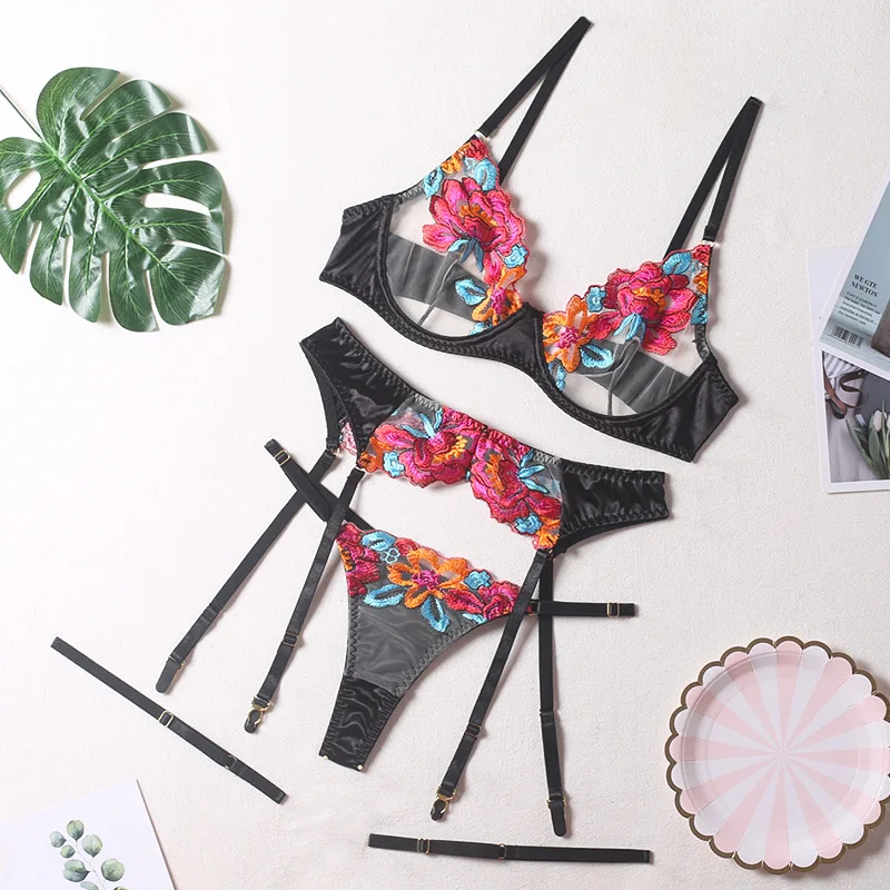 3Tlg BH Set Damen Strapsen Dessous Strumpfgürtel Unterwäsche Strumpfhalter