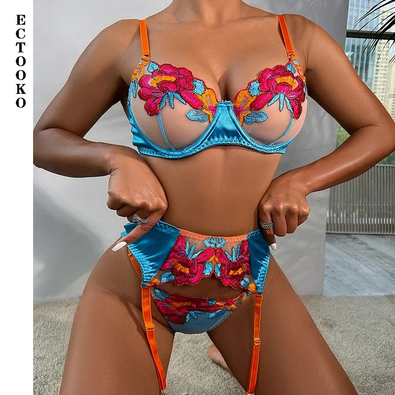 3Tlg BH Set Damen Strapsen Dessous Strumpfgürtel Unterwäsche Strumpfhalter