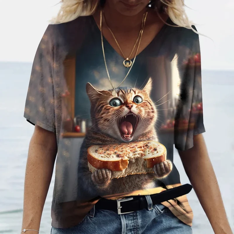 Damen Sommer Top Katzen T-Shirt V-Ausschnitt Hemd & Bluse Damentop Mädchen