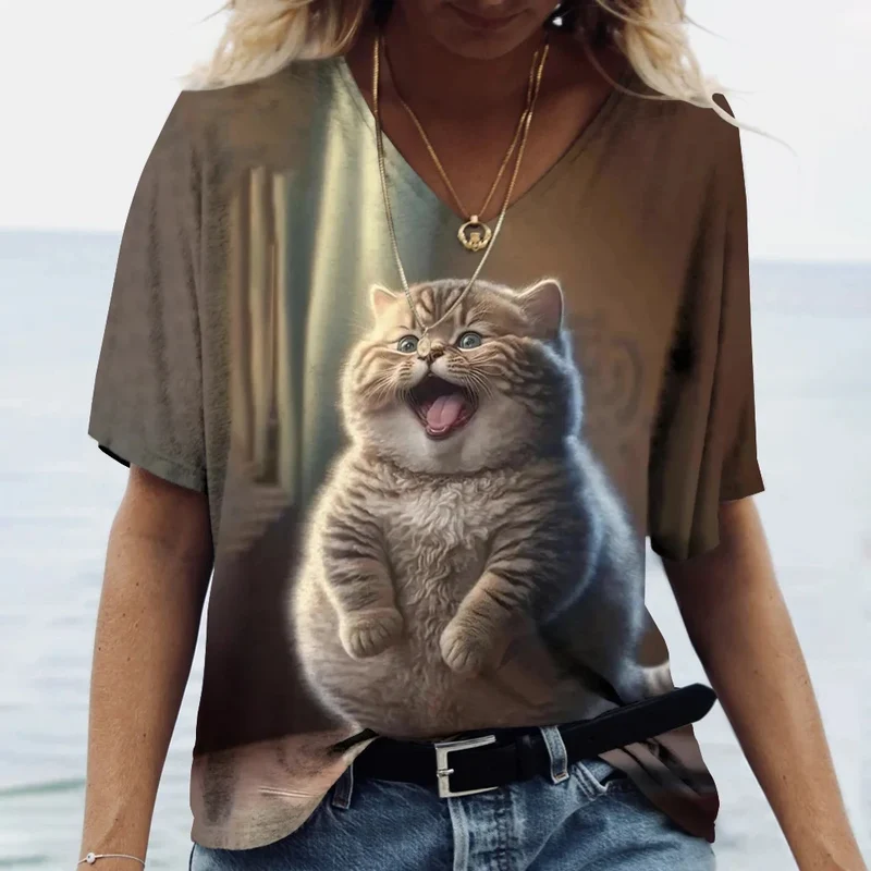 Damen Sommer Top Katzen T-Shirt V-Ausschnitt Hemd & Bluse Damentop Mädchen