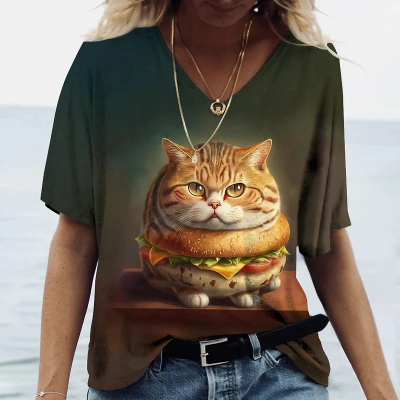 Damen Sommer Top Katzen T-Shirt V-Ausschnitt Hemd & Bluse Damentop Mädchen