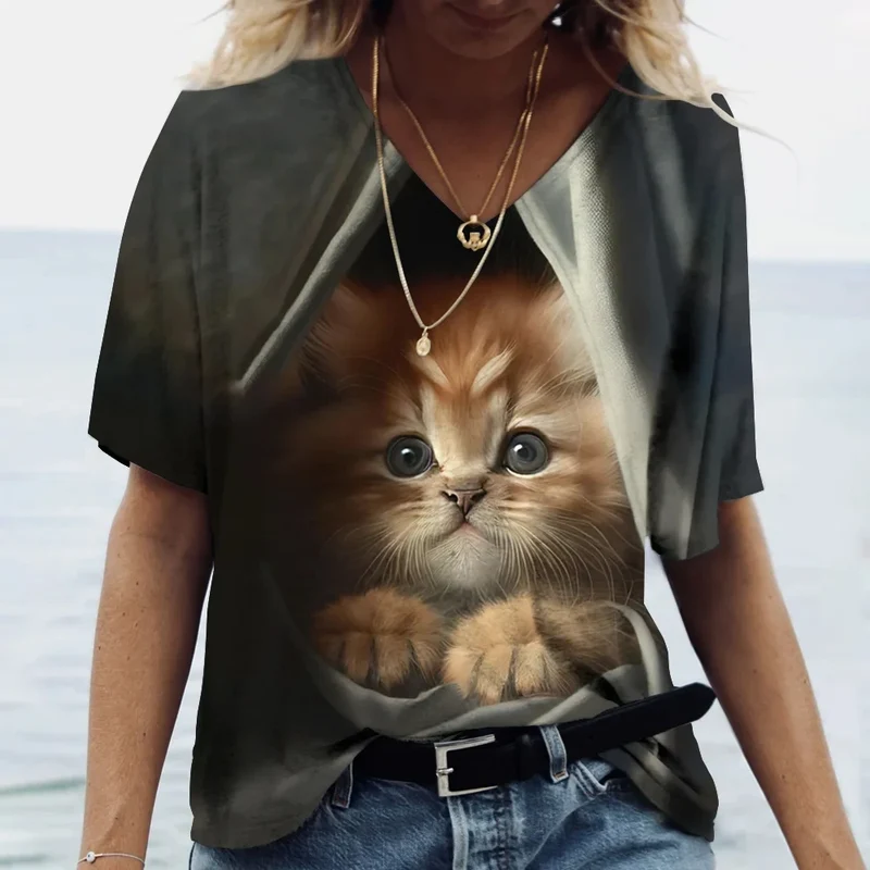 Damen Sommer Top Katzen T-Shirt V-Ausschnitt Hemd & Bluse Damentop Mädchen