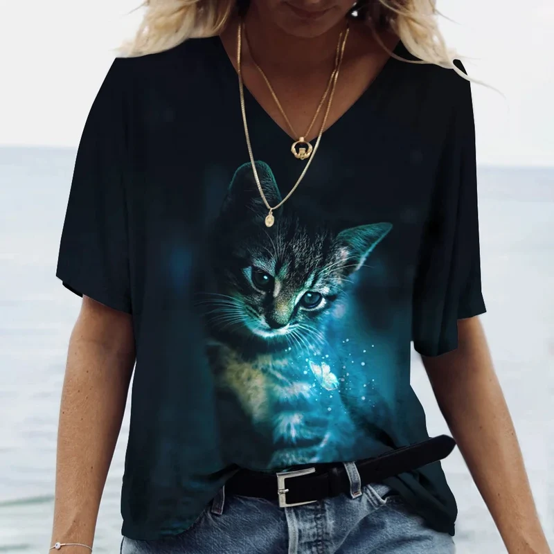 Damen Sommer Top Katzen T-Shirt V-Ausschnitt Hemd & Bluse Damentop Mädchen
