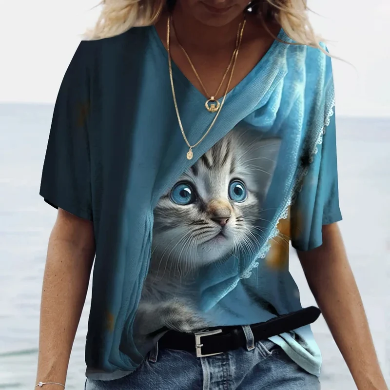 Damen Sommer Top Katzen T-Shirt V-Ausschnitt Hemd & Bluse Damentop Mädchen