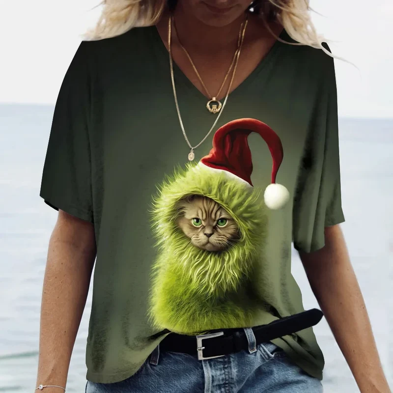 Damen Sommer Top Katzen T-Shirt V-Ausschnitt Hemd & Bluse Damentop Mädchen
