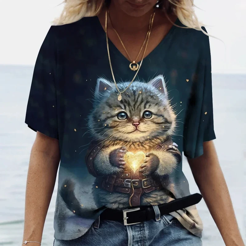 Damen Sommer Top Katzen T-Shirt V-Ausschnitt Hemd & Bluse Damentop Mädchen