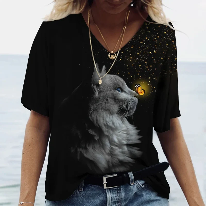 Damen Sommer Top Katzen T-Shirt V-Ausschnitt Hemd & Bluse Damentop Mädchen