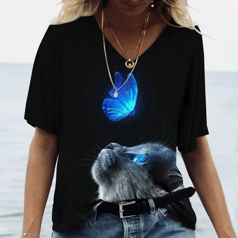 Damen Sommer Top Katzen T-Shirt V-Ausschnitt Hemd & Bluse Damentop Mädchen