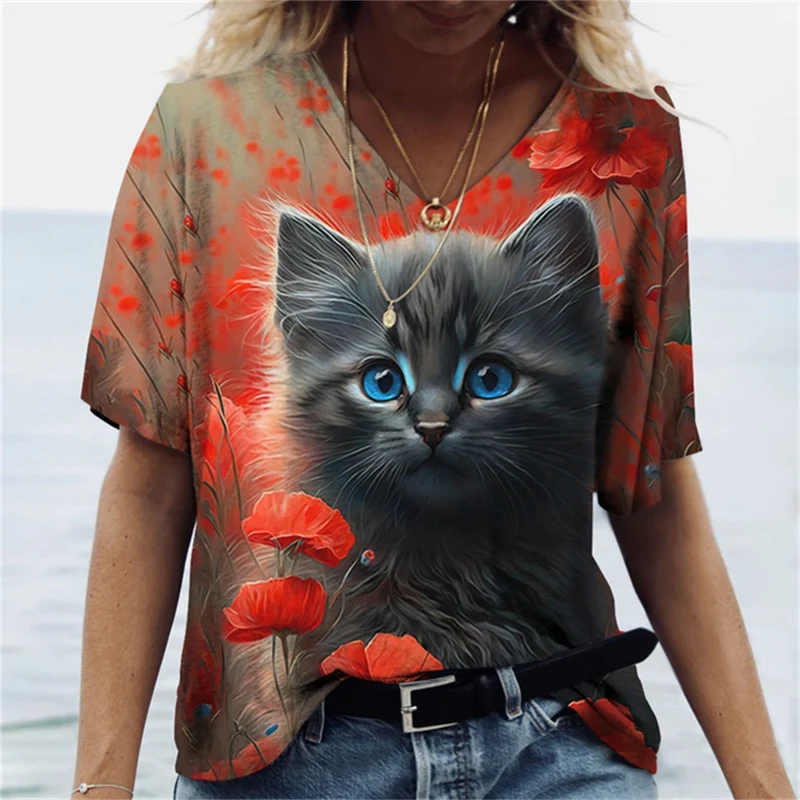 Damen Sommer Top Katzen T-Shirt V-Ausschnitt Hemd & Bluse Damentop Mädchen
