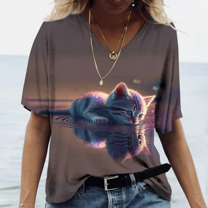 Damen Sommer Top Katzen T-Shirt V-Ausschnitt Hemd & Bluse Damentop Mädchen