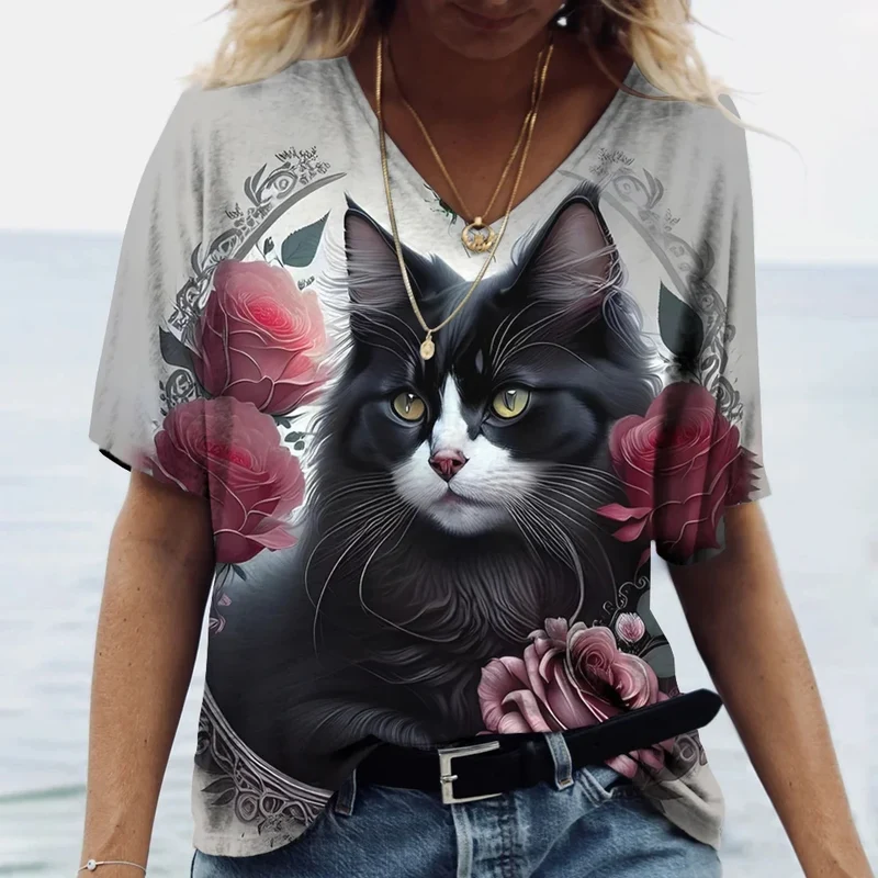 Damen Sommer Top Katzen T-Shirt V-Ausschnitt Hemd & Bluse Damentop Mädchen