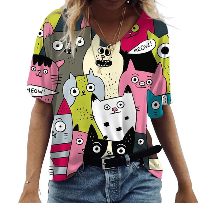 Damen Sommer Top Katzen T-Shirt V-Ausschnitt Hemd & Bluse Damentop Mädchen